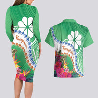 Marshall Islands Kwajalein Atoll Couples Matching Long Sleeve Bodycon Dress and Hawaiian Shirt Curves Polynesian Mix Tropical Flowers LT14 - Polynesian Pride