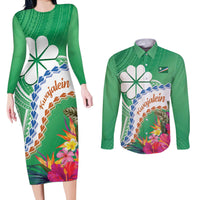 Marshall Islands Kwajalein Atoll Couples Matching Long Sleeve Bodycon Dress and Long Sleeve Button Shirt Curves Polynesian Mix Tropical Flowers LT14 Green - Polynesian Pride