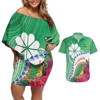 Marshall Islands Kwajalein Atoll Couples Matching Off Shoulder Short Dress and Hawaiian Shirt Curves Polynesian Mix Tropical Flowers LT14 Green - Polynesian Pride