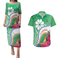 Marshall Islands Kwajalein Atoll Couples Matching Puletasi and Hawaiian Shirt Curves Polynesian Mix Tropical Flowers LT14 Green - Polynesian Pride