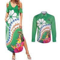 Marshall Islands Kwajalein Atoll Couples Matching Summer Maxi Dress and Long Sleeve Button Shirt Curves Polynesian Mix Tropical Flowers LT14 Green - Polynesian Pride
