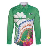Marshall Islands Kwajalein Atoll Family Matching Summer Maxi Dress and Hawaiian Shirt Curves Polynesian Mix Tropical Flowers LT14 Dad's Shirt - Long Sleeve Green - Polynesian Pride