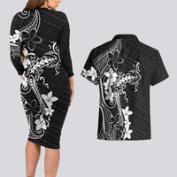 Black Hawaii Couples Matching Long Sleeve Bodycon Dress and Hawaiian Shirt Hammerhead Shark Tattoo Curve Polynesian LT14 - Polynesian Pride