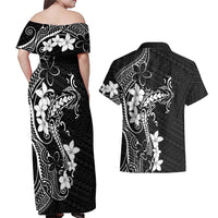 Black Hawaii Couples Matching Off Shoulder Maxi Dress and Hawaiian Shirt Hammerhead Shark Tattoo Curve Polynesian LT14 - Polynesian Pride