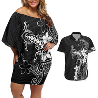 Black Hawaii Couples Matching Off Shoulder Short Dress and Hawaiian Shirt Hammerhead Shark Tattoo Curve Polynesian LT14 Black - Polynesian Pride