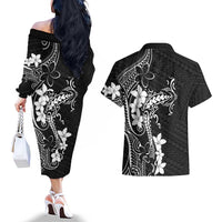 Black Hawaii Couples Matching Off The Shoulder Long Sleeve Dress and Hawaiian Shirt Hammerhead Shark Tattoo Curve Polynesian LT14 - Polynesian Pride