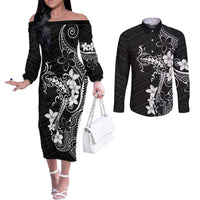 Black Hawaii Couples Matching Off The Shoulder Long Sleeve Dress and Long Sleeve Button Shirt Hammerhead Shark Tattoo Curve Polynesian LT14 Black - Polynesian Pride