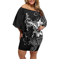 Black Hawaii Family Matching Off Shoulder Short Dress and Hawaiian Shirt Hammerhead Shark Tattoo Curve Polynesian LT14 Mom's Dress Black - Polynesian Pride