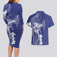 Blue Hawaii Couples Matching Long Sleeve Bodycon Dress and Hawaiian Shirt Hammerhead Shark Tattoo Curve Polynesian LT14 - Polynesian Pride
