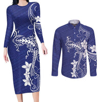 Blue Hawaii Couples Matching Long Sleeve Bodycon Dress and Long Sleeve Button Shirt Hammerhead Shark Tattoo Curve Polynesian LT14 Blue - Polynesian Pride