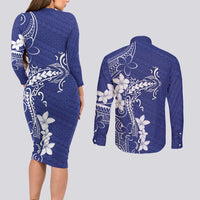 Blue Hawaii Couples Matching Long Sleeve Bodycon Dress and Long Sleeve Button Shirt Hammerhead Shark Tattoo Curve Polynesian LT14 - Polynesian Pride