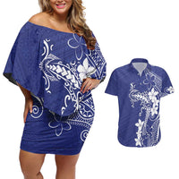 Blue Hawaii Couples Matching Off Shoulder Short Dress and Hawaiian Shirt Hammerhead Shark Tattoo Curve Polynesian LT14 Blue - Polynesian Pride