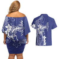 Blue Hawaii Couples Matching Off Shoulder Short Dress and Hawaiian Shirt Hammerhead Shark Tattoo Curve Polynesian LT14 - Polynesian Pride