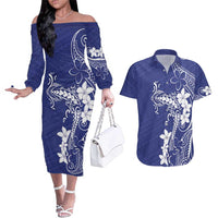 Blue Hawaii Couples Matching Off The Shoulder Long Sleeve Dress and Hawaiian Shirt Hammerhead Shark Tattoo Curve Polynesian LT14 Blue - Polynesian Pride