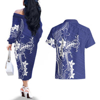 Blue Hawaii Couples Matching Off The Shoulder Long Sleeve Dress and Hawaiian Shirt Hammerhead Shark Tattoo Curve Polynesian LT14 - Polynesian Pride