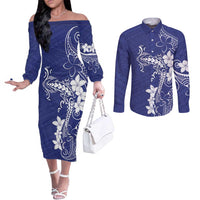Blue Hawaii Couples Matching Off The Shoulder Long Sleeve Dress and Long Sleeve Button Shirt Hammerhead Shark Tattoo Curve Polynesian LT14 Blue - Polynesian Pride