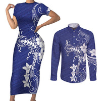Blue Hawaii Couples Matching Short Sleeve Bodycon Dress and Long Sleeve Button Shirt Hammerhead Shark Tattoo Curve Polynesian LT14 Blue - Polynesian Pride