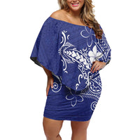Blue Hawaii Family Matching Off Shoulder Short Dress and Hawaiian Shirt Hammerhead Shark Tattoo Curve Polynesian LT14 Mom's Dress Blue - Polynesian Pride
