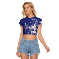 Blue Hawaii Raglan Cropped T Shirt Hammerhead Shark Tattoo Curve Polynesian - Polynesian Pride