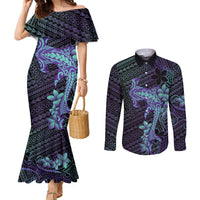 Purple Paradise Hawaii Couples Matching Mermaid Dress and Long Sleeve Button Shirt Hammerhead Shark Tattoo Curve Polynesian LT14 Purple - Polynesian Pride
