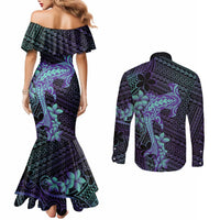 Purple Paradise Hawaii Couples Matching Mermaid Dress and Long Sleeve Button Shirt Hammerhead Shark Tattoo Curve Polynesian LT14 - Polynesian Pride