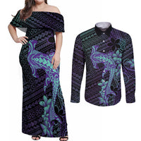 Purple Paradise Hawaii Couples Matching Off Shoulder Maxi Dress and Long Sleeve Button Shirt Hammerhead Shark Tattoo Curve Polynesian LT14 Purple - Polynesian Pride