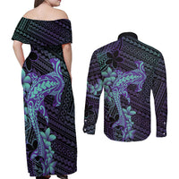 Purple Paradise Hawaii Couples Matching Off Shoulder Maxi Dress and Long Sleeve Button Shirt Hammerhead Shark Tattoo Curve Polynesian LT14 - Polynesian Pride