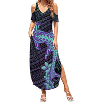 Purple Paradise Hawaii Family Matching Summer Maxi Dress and Hawaiian Shirt Hammerhead Shark Tattoo Curve Polynesian LT14 Mom's Dress Purple - Polynesian Pride