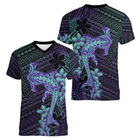 Purple Paradise Hawaii Women V-Neck T-Shirt Hammerhead Shark Tattoo Curve Polynesian LT14 - Polynesian Pride