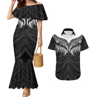 Poutama Korowai New Zealand Couples Matching Mermaid Dress and Hawaiian Shirt Aotearoa Maori Tattoo LT14 Black - Polynesian Pride