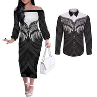 Poutama Korowai New Zealand Couples Matching Off The Shoulder Long Sleeve Dress and Long Sleeve Button Shirt Aotearoa Maori Tattoo LT14 Black - Polynesian Pride