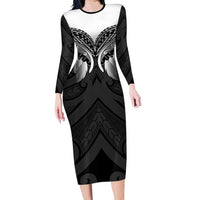 Poutama Korowai New Zealand Family Matching Long Sleeve Bodycon Dress and Hawaiian Shirt Aotearoa Maori Tattoo LT14 Mom's Dress Black - Polynesian Pride
