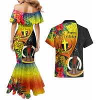Vanuatu Tafea Day Couples Matching Mermaid Dress and Hawaiian Shirt Coat Of Arms Mix Tropical Flowers LT14 - Polynesian Pride