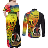 Vanuatu Tafea Day Couples Matching Off Shoulder Maxi Dress and Long Sleeve Button Shirts Coat Of Arms Mix Tropical Flowers LT14 - Polynesian Pride