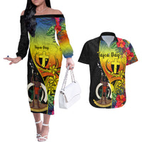 Vanuatu Tafea Day Couples Matching Off The Shoulder Long Sleeve Dress and Hawaiian Shirt Coat Of Arms Mix Tropical Flowers LT14 Black - Polynesian Pride
