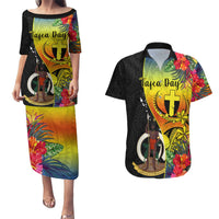 Vanuatu Tafea Day Couples Matching Puletasi Dress and Hawaiian Shirt Coat Of Arms Mix Tropical Flowers LT14 Black - Polynesian Pride