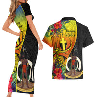 Vanuatu Tafea Day Couples Matching Short Sleeve Bodycon Dress and Hawaiian Shirt Coat Of Arms Mix Tropical Flowers LT14 - Polynesian Pride