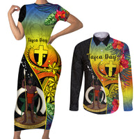 Vanuatu Tafea Day Couples Matching Short Sleeve Bodycon Dress and Long Sleeve Button Shirts Coat Of Arms Mix Tropical Flowers LT14 Black - Polynesian Pride