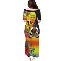 Vanuatu Tafea Day Family Matching Puletasi Dress and Hawaiian Shirt Coat Of Arms Mix Tropical Flowers LT14 - Polynesian Pride