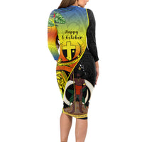 Vanuatu Tafea Day Long Sleeve Bodycon Dress Coat Of Arms Mix Tropical Flowers LT14 - Polynesian Pride