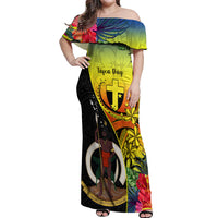 Vanuatu Tafea Day Off Shoulder Maxi Dress Coat Of Arms Mix Tropical Flowers LT14 Women Black - Polynesian Pride