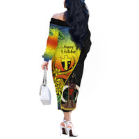 Vanuatu Tafea Day Off The Shoulder Long Sleeve Dress Coat Of Arms Mix Tropical Flowers LT14 - Polynesian Pride