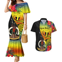Personalised Vanuatu Tafea Day Couples Matching Mermaid Dress and Hawaiian Shirt Coat Of Arms Mix Tropical Flowers LT14 Black - Polynesian Pride