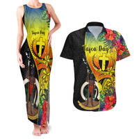 Personalised Vanuatu Tafea Day Couples Matching Tank Maxi Dress and Hawaiian Shirt Coat Of Arms Mix Tropical Flowers LT14 Black - Polynesian Pride