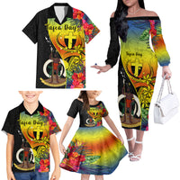 Personalised Vanuatu Tafea Day Family Matching Off Shoulder Long Sleeve Dress and Hawaiian Shirt Coat Of Arms Mix Tropical Flowers LT14 - Polynesian Pride