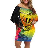 Personalised Vanuatu Tafea Day Family Matching Off Shoulder Short Dress and Hawaiian Shirt Coat Of Arms Mix Tropical Flowers LT14 Mom's Dress Black - Polynesian Pride