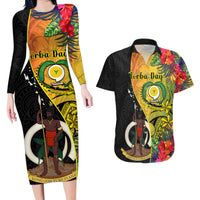 Vanuatu Torba Day Couples Matching Long Sleeve Bodycon Dress and Hawaiian Shirt Coat Of Arms Mix Tropical Flowers LT14 Black - Polynesian Pride