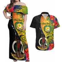 Vanuatu Torba Day Couples Matching Off Shoulder Maxi Dress and Hawaiian Shirt Coat Of Arms Mix Tropical Flowers LT14 Black - Polynesian Pride