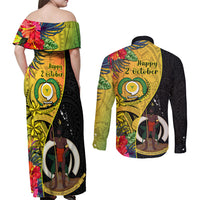 Vanuatu Torba Day Couples Matching Off Shoulder Maxi Dress and Long Sleeve Button Shirts Coat Of Arms Mix Tropical Flowers LT14 - Polynesian Pride