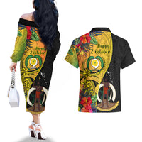 Vanuatu Torba Day Couples Matching Off The Shoulder Long Sleeve Dress and Hawaiian Shirt Coat Of Arms Mix Tropical Flowers LT14 - Polynesian Pride